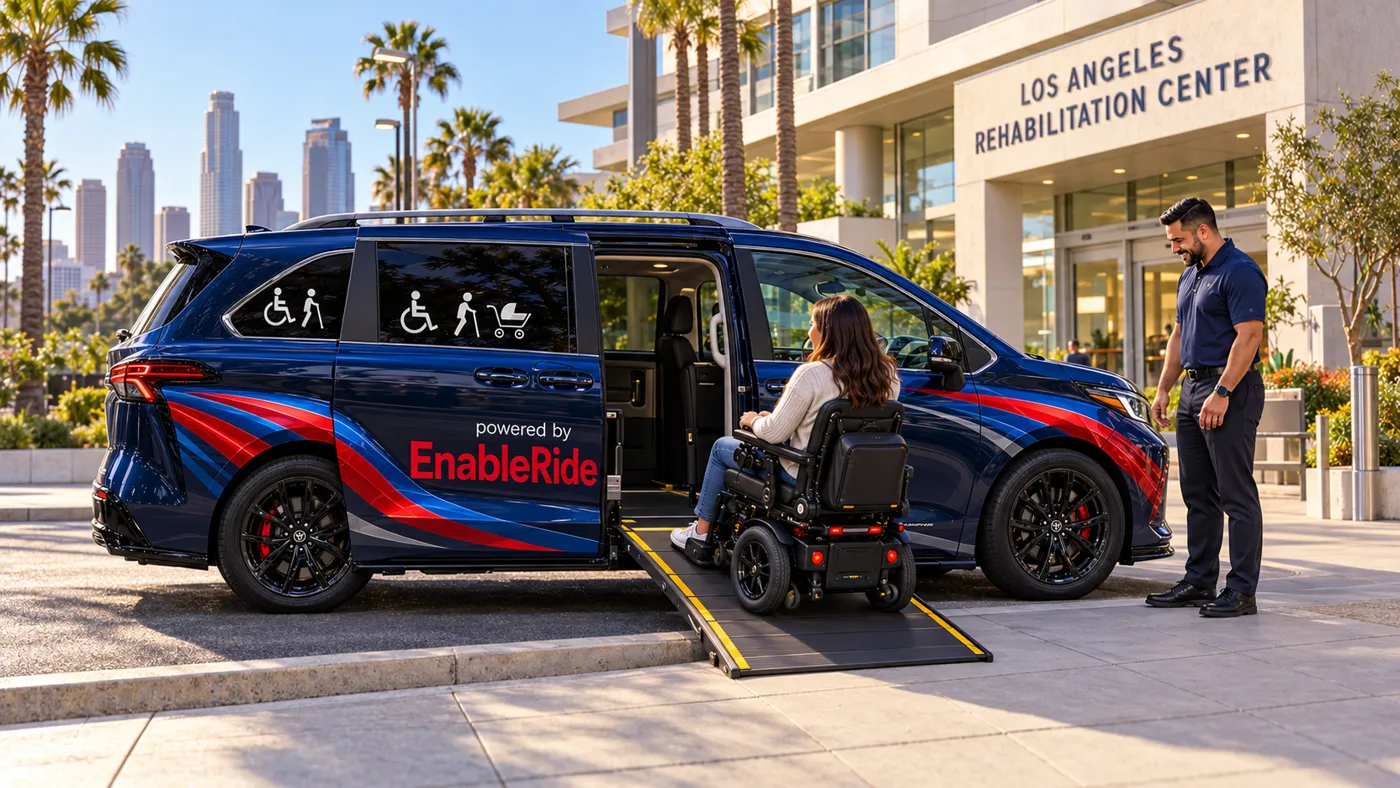A woman in a power wheelchair rolls down the side ramp of a dark blue EnableRide minivan outside a rehabilitation center in Los Angeles, with the driver beside her