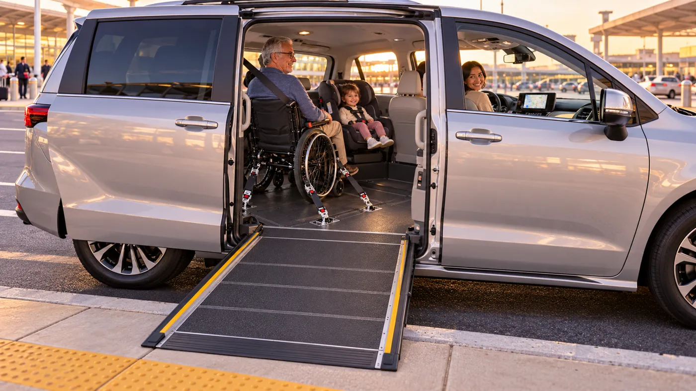 Inside an adapted minivan: an older man sits in his own wheelchair, secured in the bay behind the front seat, a child in a fitted car seat beside him, with the fold-out ramp down to the curb